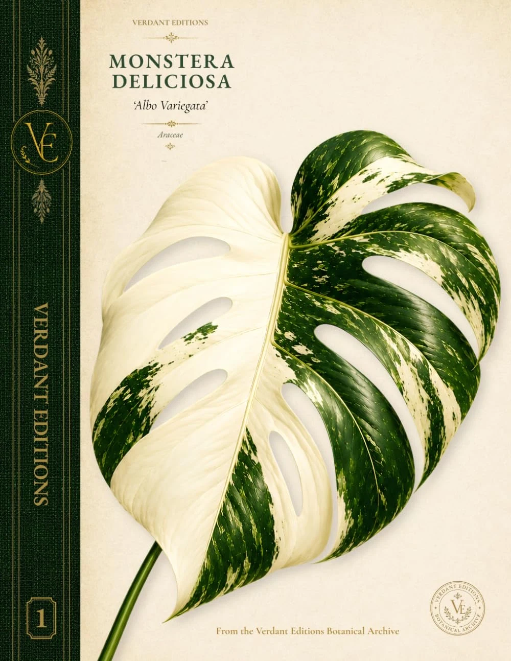Albo Monstera botanical journal cover, with variegated leaves, ivory paper and a green and gold spine